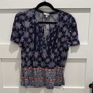 Lucky Brand Navy and Pink Floral Blouse size large.